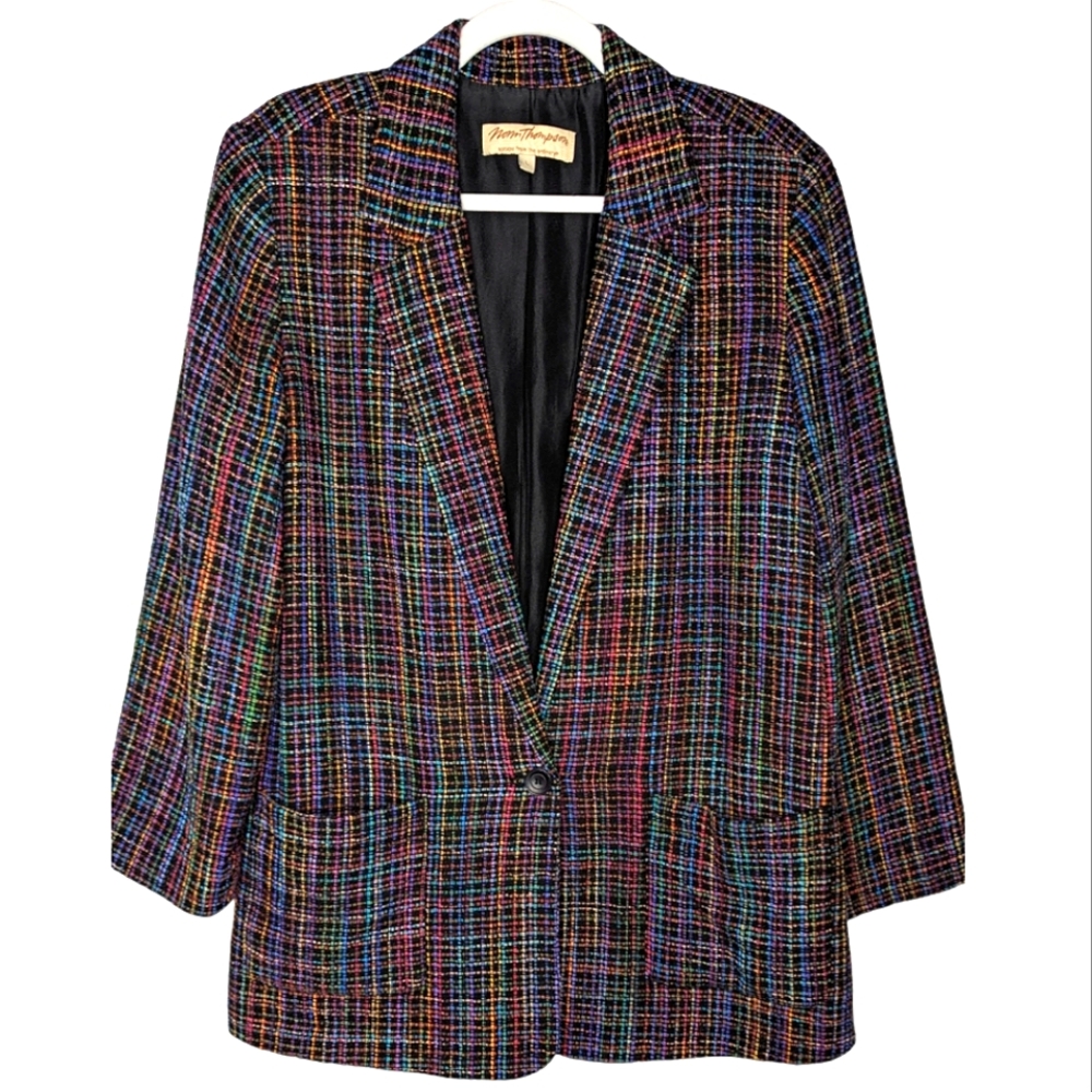 Vintage 90's Y2K Rainbow Silk Thread Woven Oversized Single Button Black Blazer